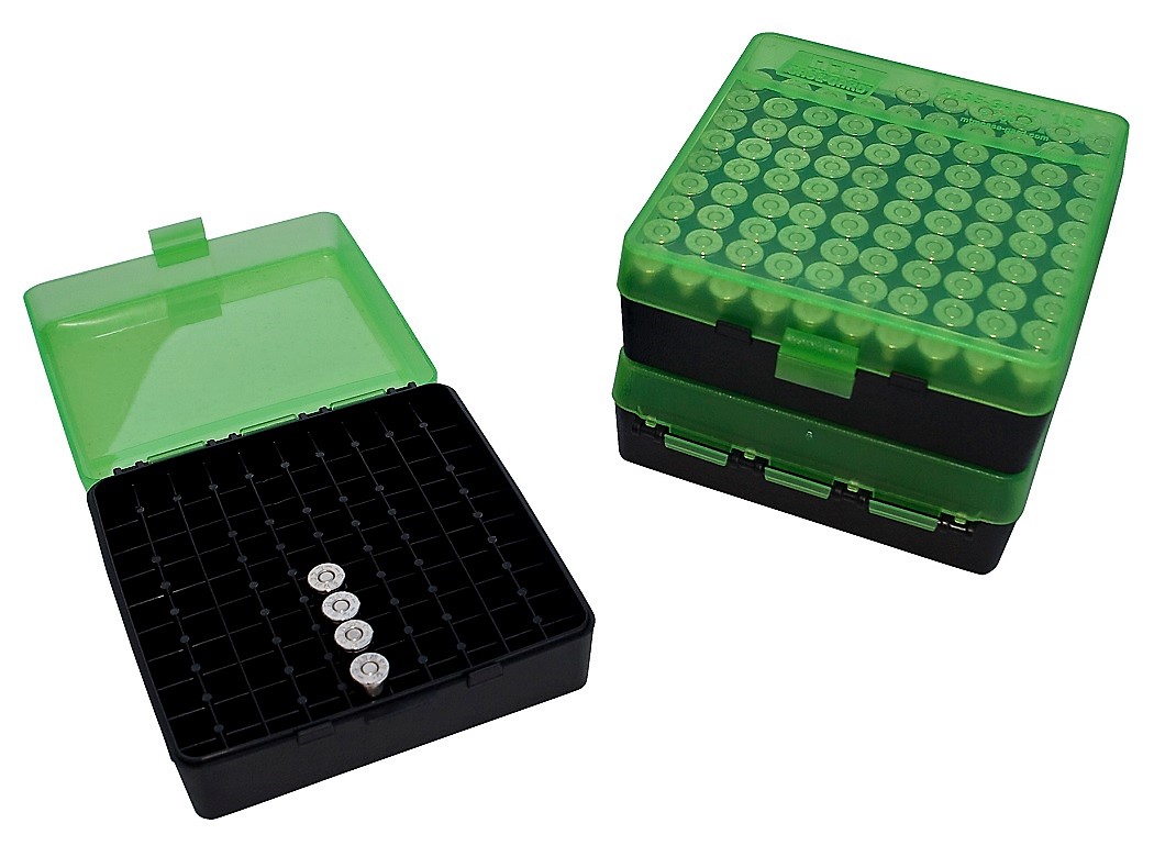 MTM P100-9 Flip-Top Ammo Box CLEAR GREEN / BLACK content 100